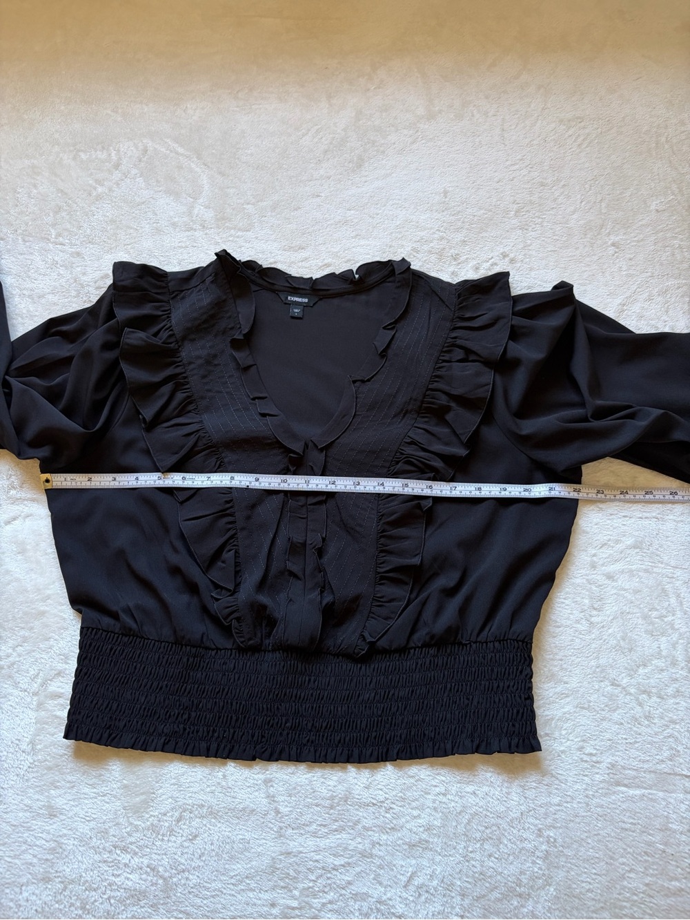 Express Black Ruffled V-Neck Smocked-Waist Blouse - Picture 5 of 9